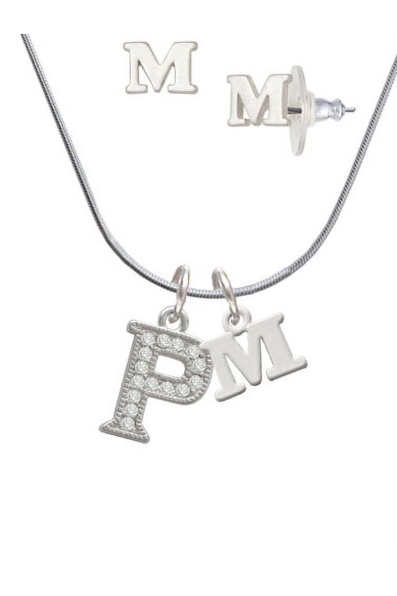 Crystal Initial - P - Beaded Border - - M Initial Charm Necklace and Stud Earrings Jewelry Set