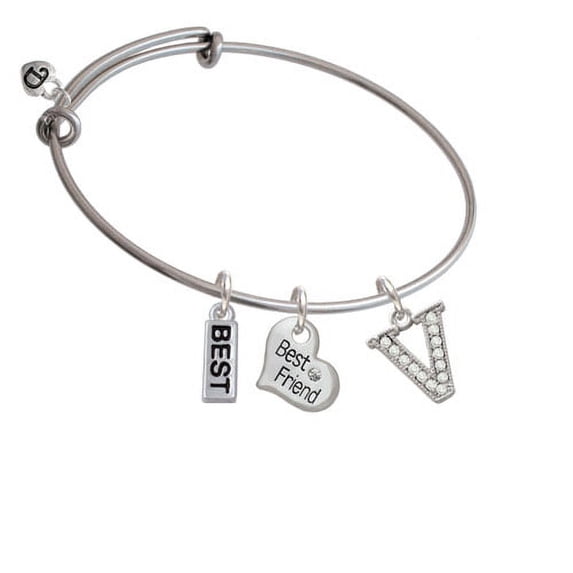 Crystal Initial - V - Beaded Border - Best Friend Heart Expandable Bangle Bracelet