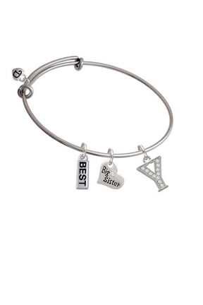 Crystal Initial - Y - Beaded Border - Big Sister Heart Expandable Bangle Bracelet