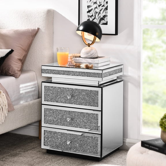 Crystal-Inlaid Mirrored End Table / Durable MDF for Long-Term Use