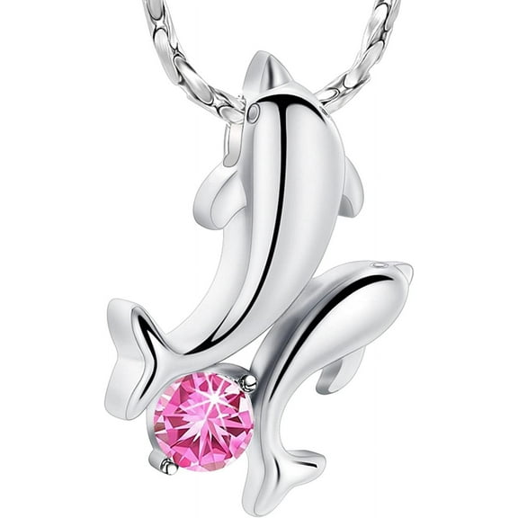 Crystal Inlay Double Dolphin Cremation Jewelry for Ashes Pendant Stainless Steel Keepsake Memorial Urn Necklace for Men Women