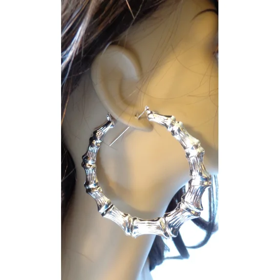Large Bamboo Hoop Earrings Silver Tone 3.5 inch