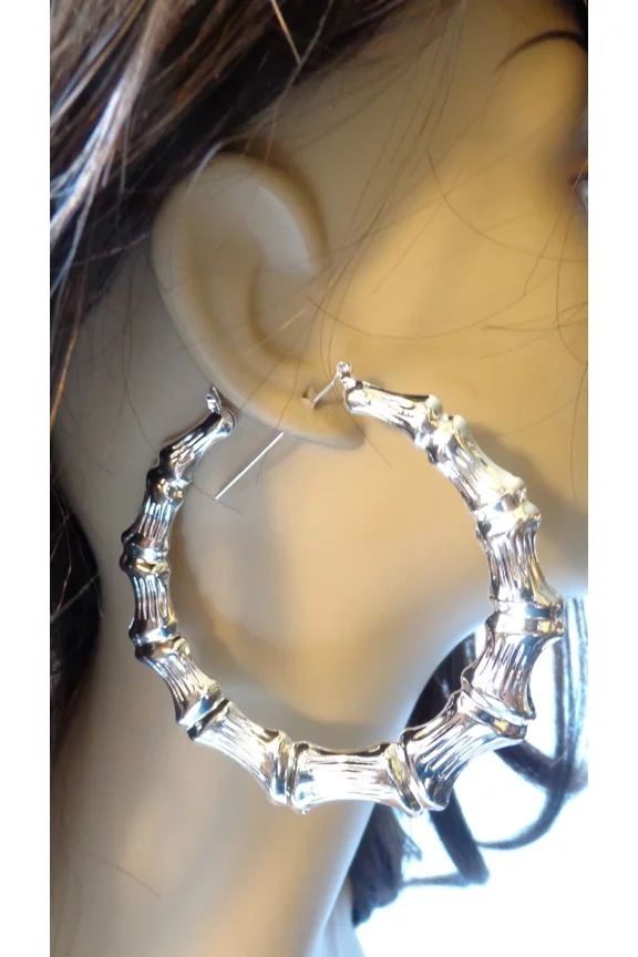 Large Bamboo Hoop Earrings Silver Tone 3.5 inch