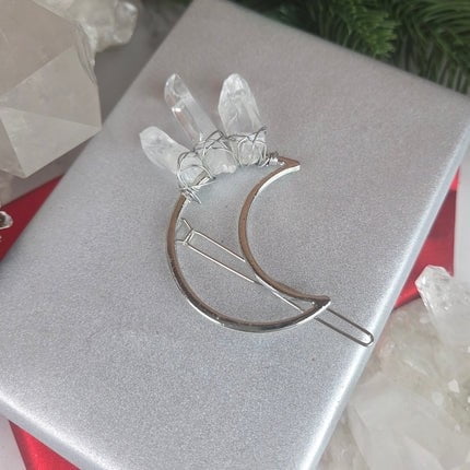 Crystal Joys Quartz Crystal Point Crescent Moon Decorative Hair Pin - Silver