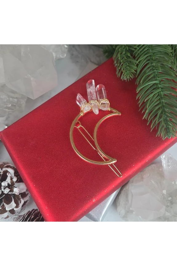 Quartz Crystal Point Crescent Moon Decorative Hair Pin - Gold
