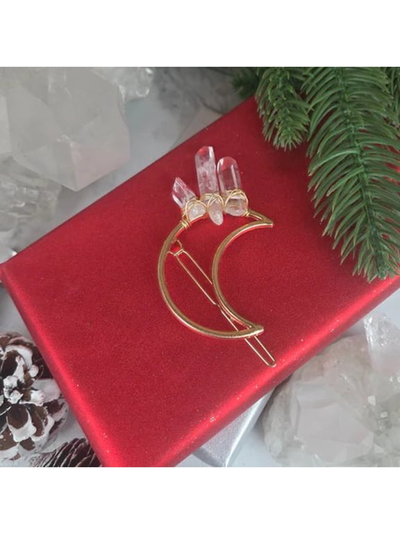 Quartz Crystal Point Crescent Moon Decorative Hair Pin - Gold