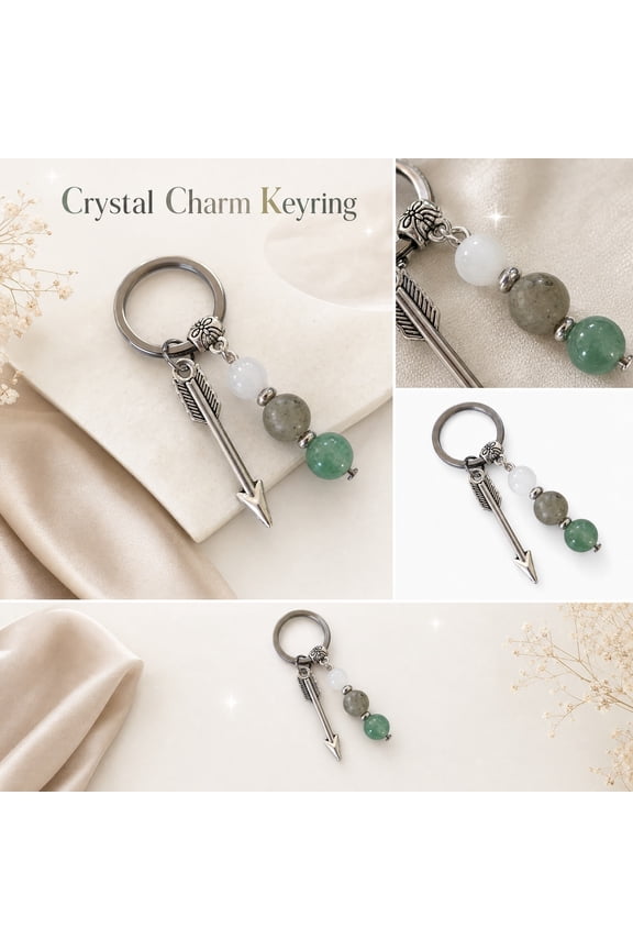 Crystal Keychain, Keychains for Women, Green Aventurine Crystal, Arrow Keychain, Polished 2X1 Inch Design with Mixed Gemstone Beads and Antiqued Silver Hardware for Securing Car
