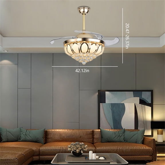 Crystal LED Chandelier Invisible Ceiling Fan Light Ceiling Lamp w/Remote Control for Living Room, Bedroom