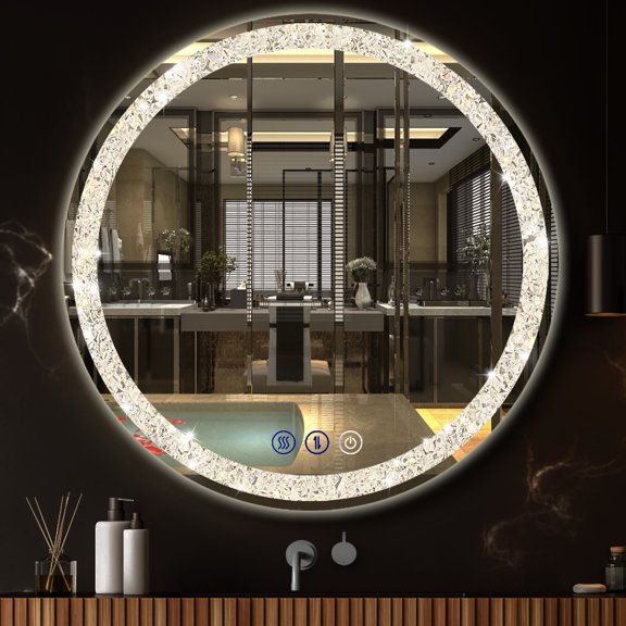 Crystal LED Round 24" Mirror with Lights 3 Color Smart Memory Adjustable Brightness Frontlit AntiFog 24 Diamond Crystal Circle Home Decor for Vanity Bedroom Entryway