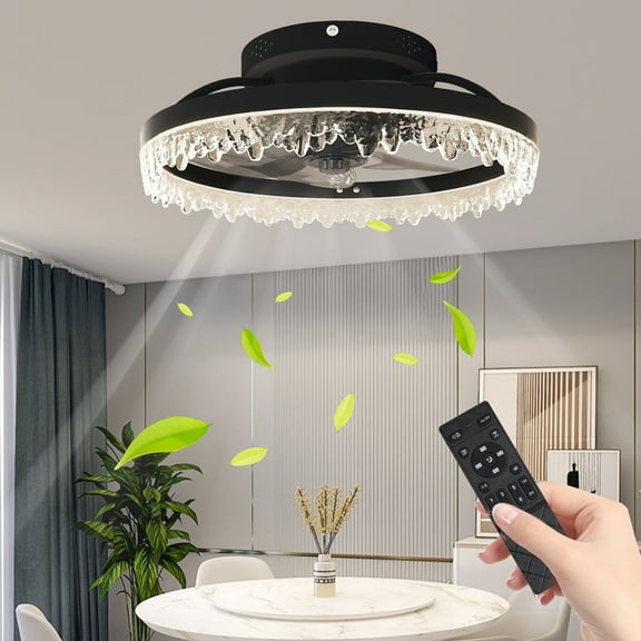 Crystal LED ceiling fan light strip lighting, supports remote control and mobile app control, low noise three-color brightness (warm color, neutral color, cool color) 15.7in inch