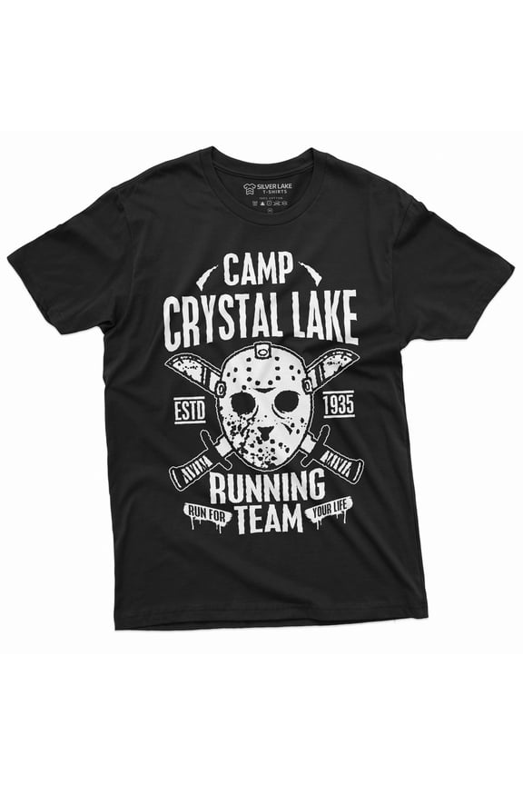 Crystal Lake Running Team T-shirt Mens Jason Mask Tee Shirt Counselor Tee (Large Black)