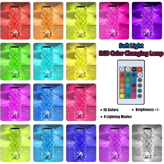 Crystal Lamp Touch, RGB 16 Colors Changing Night Light with Remote, Crystal Table Lamp Bedside Lamp, Rose Wave Diamond Night Light, Ambient Lighting for Bedroom/Game Room/Dinning Room