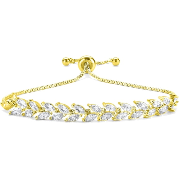 Crystal Leaf Bracelet for Women Adjustable Cubic Zirconia Tennis Chain 18K Gold Plated Bridal Wedding Jewelry