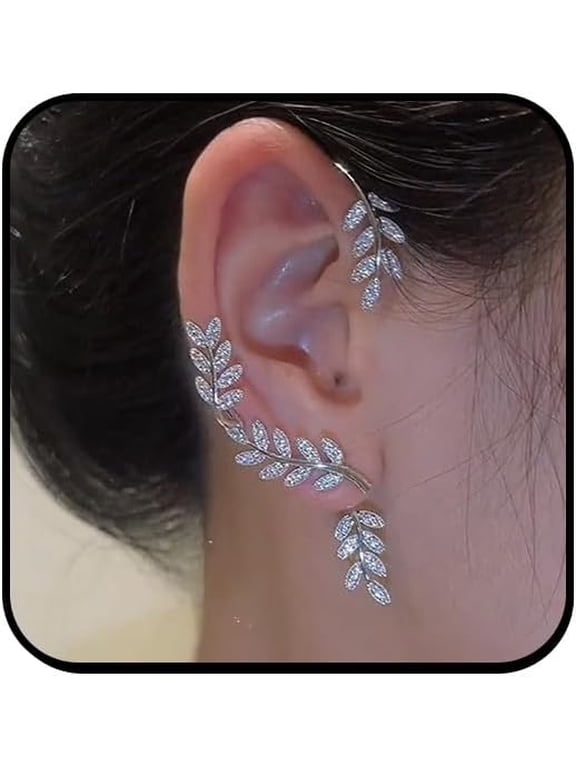Crystal Leaf Ear Cuff Earring for Women,Goth Elf Fairy Ear Wrap Earrings Non-Piercing Fake Climbers Crawler Earring Bridal Wedding Jewelry