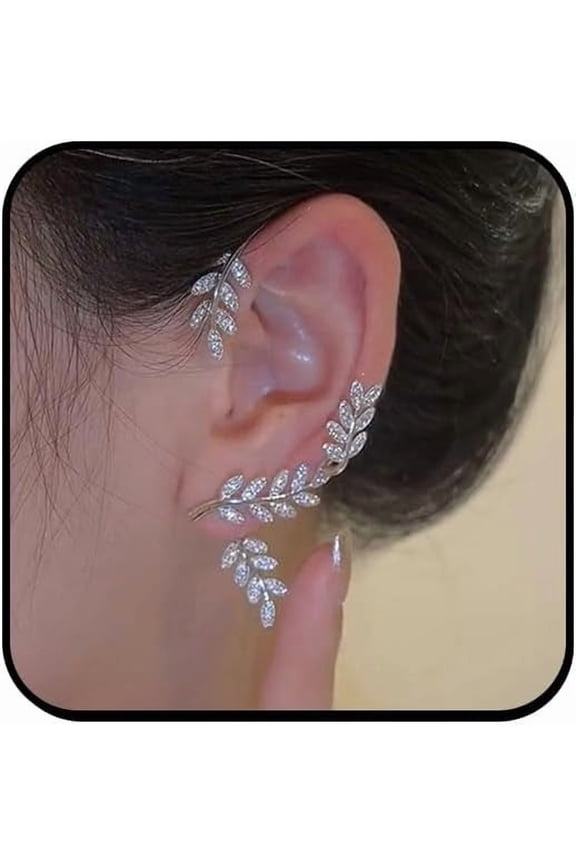 Crystal Leaf Ear Cuff Earring for Women,Goth Elf Fairy Ear Wrap Earrings Non-Piercing Fake Climbers Crawler Earring Bridal Wedding Jewelry
