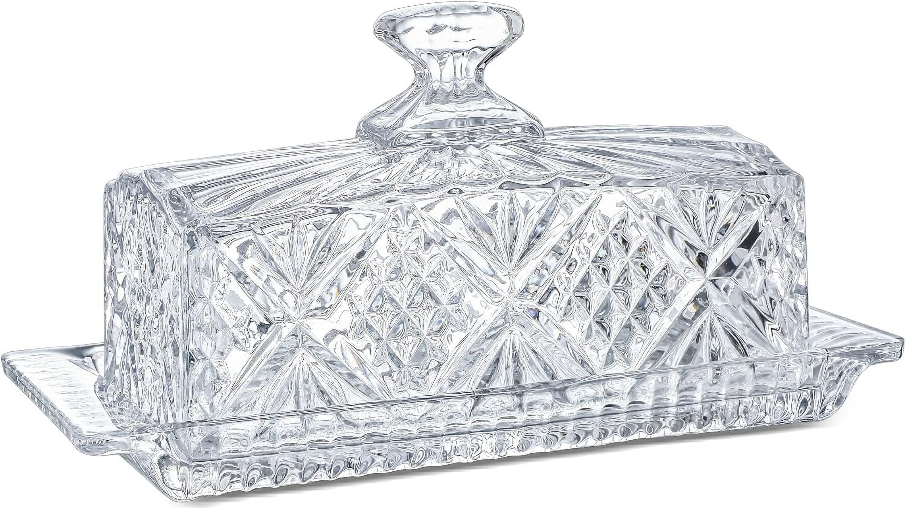Crystal Lid Butter Dish, 8" Classic Glass Set of 2 Butter Dish with Lid | Butter Rack | Dishwasher Safe