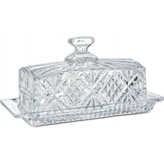 Crystal Lid Butter Dish, 8" Classic Glass Two-Piece Butter Dish with Lid | Butter Rack | Dishwasher Safe