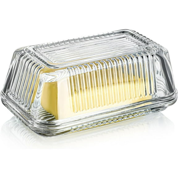 Crystal Covered Butter Dish,Classic Glass 2-Piece Design Butter Keeper with Lid | Butter Holder | Dishwasher Safe