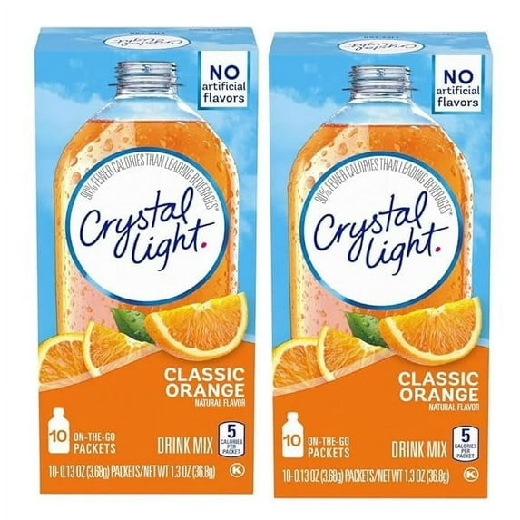 Crystal Light Classic Orange Sugar Free Drink Mix Singles, Caffeine Free, 10 ct On-the-Go Packets, Pack of 2
