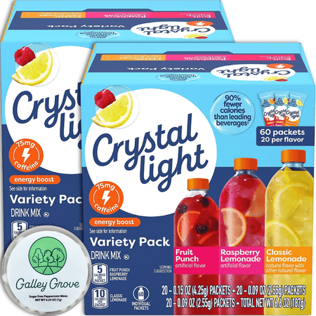 Crystal Light Energy Caffeine Drink Mix Variety Pack, 120 Water Flavoring Packets for Bottled Water (Fruit Punch, Raspberry Lemonade, Lemonade) with Galley Grove Sugar-Free Breath Mints