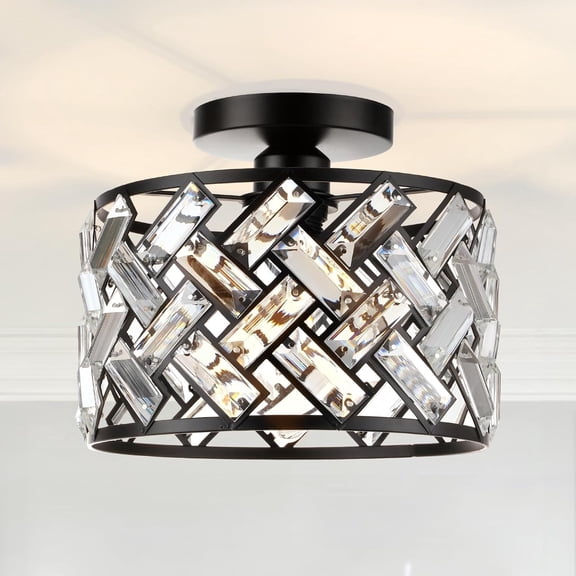 Crystal Light Fixture Ceiling Mount - Black Hallway Light Fixtures Crystal Semi Flush Mount Ceiling Lights for Kitchen Bedroom Bathroom Entryway(8.86 Inch, Bulb not Included)