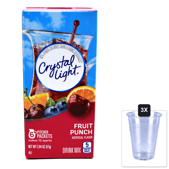 Crystal Light Fruit Punch Drink Mix, 12-Quart Canister (Pack Of 3) & 3x 16oz Plastic Cup with Strawless Sip-Lid