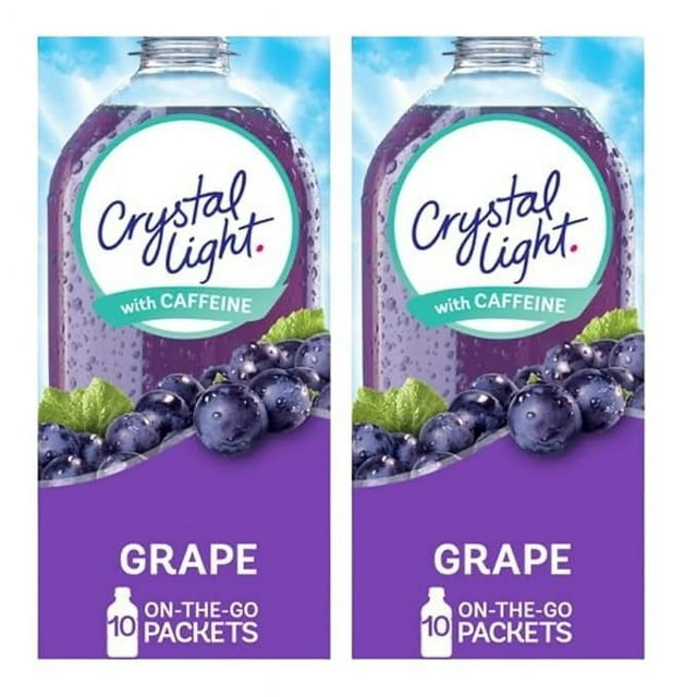 Crystal Light Grape With Caffeine Sugar Free Drink Mix Singles, Caffeine Free, 10 ct On-the-Go Packets, Pack of 2