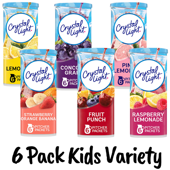 Crystal Light Kid Flavor Variety Pack Of 6 - 12 Quart Canisters - 1 Each Of Lemonade, Pink Lemonade, Fruit Punch, Concord Grape, Strawberry Orange Banana, Raspberry Lemonade