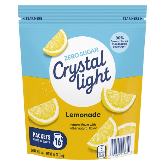 Crystal Light Drink Mix, 16 Pitcher Packets, for Flavorful Hydration and Shareable Refreshment, Lemonade, flavored with other natural flavor Zero Sugar, Low Calorie, 8.6 oz