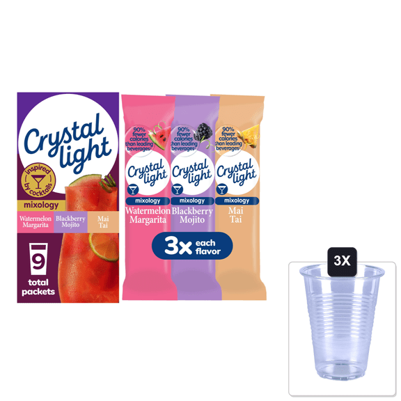 Crystal Light Mixology Variety Pack Powdered Drink Mix, 9 Single Serve Packets Per Box & 3x 16oz Plastic Cup with Strawless Sip-Lid