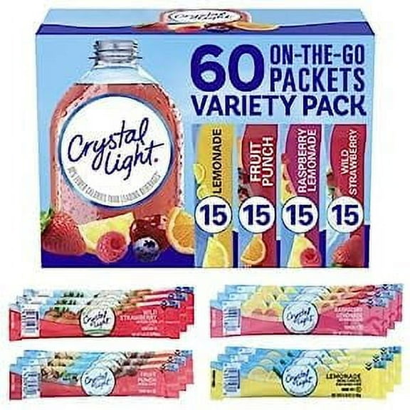 Crystal Light On-The-Go Powdered Drink Mix Variety Pack - Lemonade, Fruit Punch, Raspberry Lemonade & Wild Strawberry - By (60 Count) 6.3 Ounce