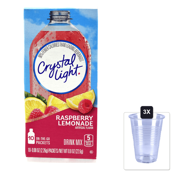 Crystal Light On The Go Raspberry Lemonade, 10-Packet Boxes (Pack Of 4) & 3x 16oz Plastic Cup with Strawless Sip-Lid