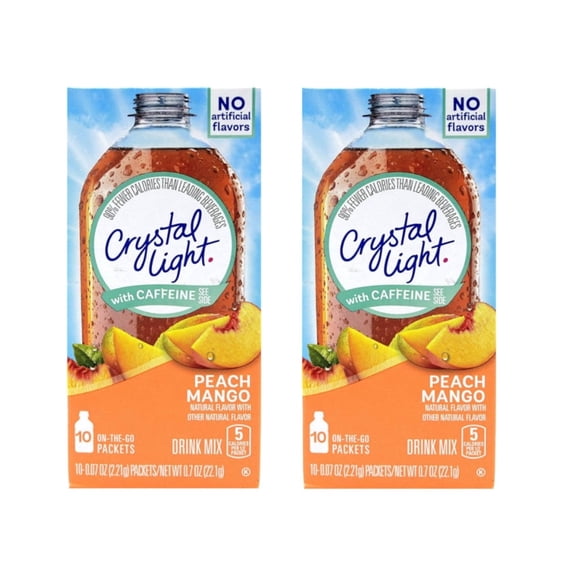 Crystal Light Peach Mango Drink Mix with Caffeine, Natural Flavor 10 Packets (2 Pack)