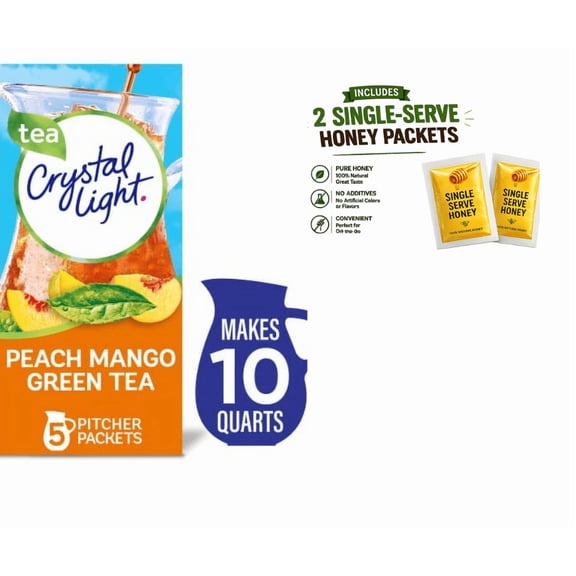 Crystal Light Peach Mango Green Tea Sugar Free Powder Drink Mix Pitcher Packets - 5 ct, with two single serving Honey