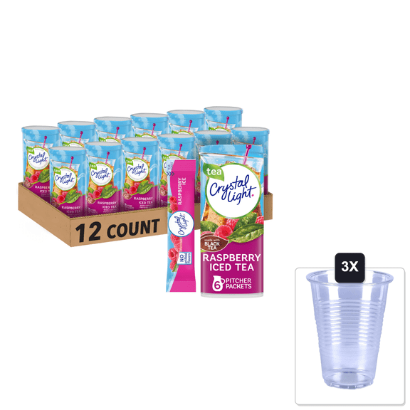 Crystal Light Raspberry Iced Tea Naturally Flavored Powdered Drink Mix, 72 Ct Pack, 12 Canisters Of 6 Pitcher Packets & 3x 16oz Plastic Cup with Strawless Sip-Lid