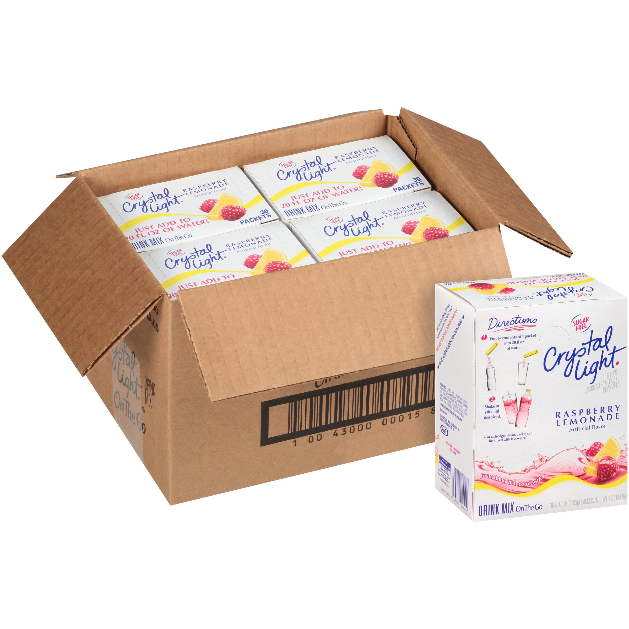 Crystal Light Raspberry Lemonade Artificially Flavored Powdered Drink Mix, 120 ct Casepack, 4 Boxes of 30 On-the-Go Packets