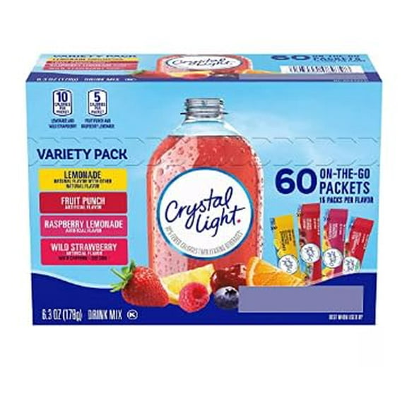 Crystal Light Sugar-Free, Lemonade, Fruit Punch, Raspberry Lemonade and Wild Strawberry On-The-Go Powdered Drink Mix Variety Pack, 60 Count, Each Packet Fits into a 16.9 oz. bottle or cup