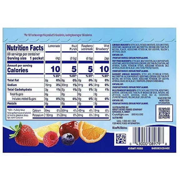 Crystal Light Sugar-Free, Lemonade, Fruit Punch, Raspberry Lemonade and Wild Strawberry On-The-Go Powdered Drink Mix Variety Pack, 60 Count, Each Packet Fits into a 16.9 oz. bottle or cup