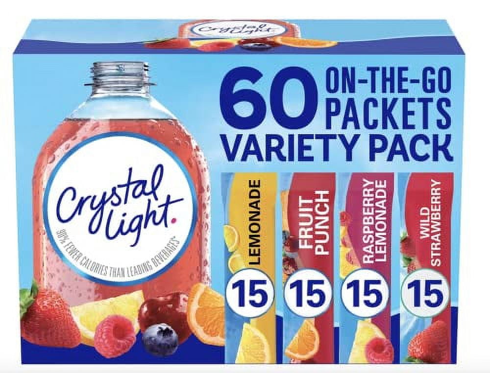 Crystal Light Sugar-Free, Lemonade, Fruit Punch, Raspberry Lemonade and Wild Strawberry On-The-Go Powdered Drink Singles Mix Variety Pack, 60 Count, Each Packet Dissolves into any 16.9 oz. Packaged by