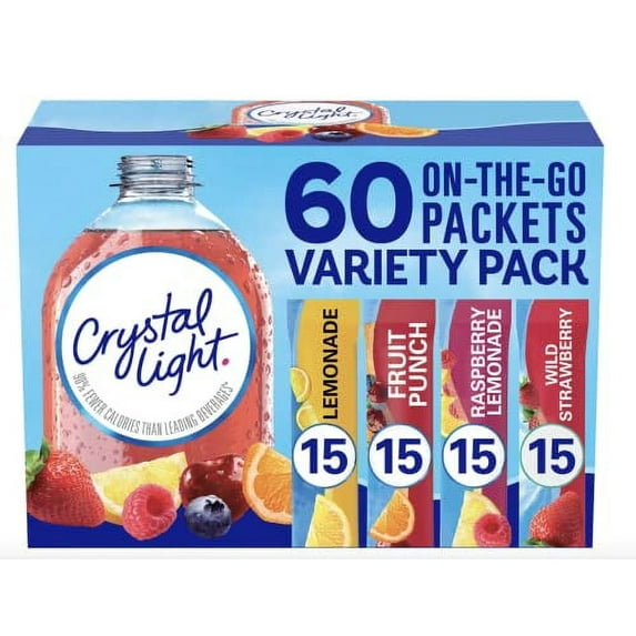 Crystal Light Sugar-Free, Lemonade, Fruit Punch, Raspberry Lemonade and Wild Strawberry On-The-Go Powdered Drink Singles Mix Variety Pack, 60 Count, Each Packet Dissolves into any 16.9 oz. Packaged by