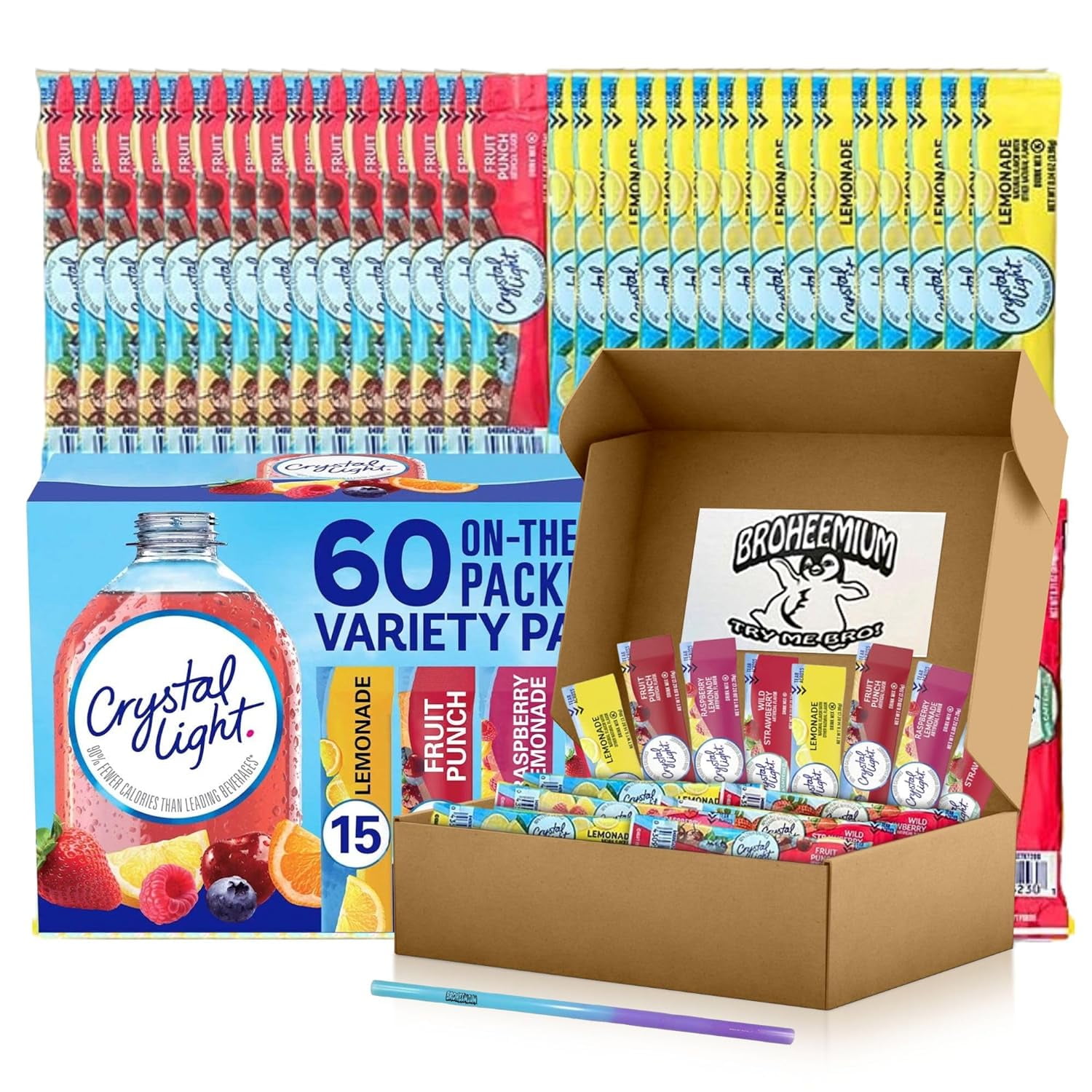 Crystal Light Variety Pack 60 Flavored Drink Mix Packets in Lemonade, Fruit Punch, Raspberry