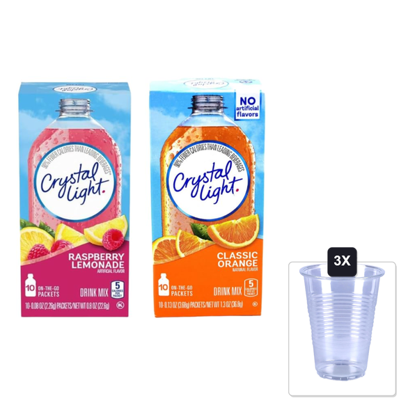 Crystal Light Vibrant Refreshment Pack (Raspberry Lemonade + Classic Orange) (Variety Pack) & 3x 16oz Plastic Cup with Strawless Sip-Lid