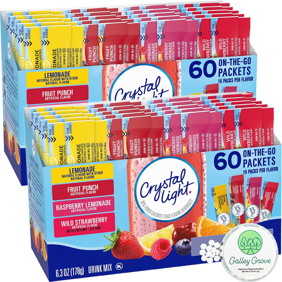 Crystal Light Water Flavoring Enhancer Variety Bulk, 120 Drink Mix Packets (30 Each Flavor) - Lemonade, Fruit Punch, Raspberry Lemon, Wild Strawberry, Bundle With Galley Grove Sugar Free Breath Mints