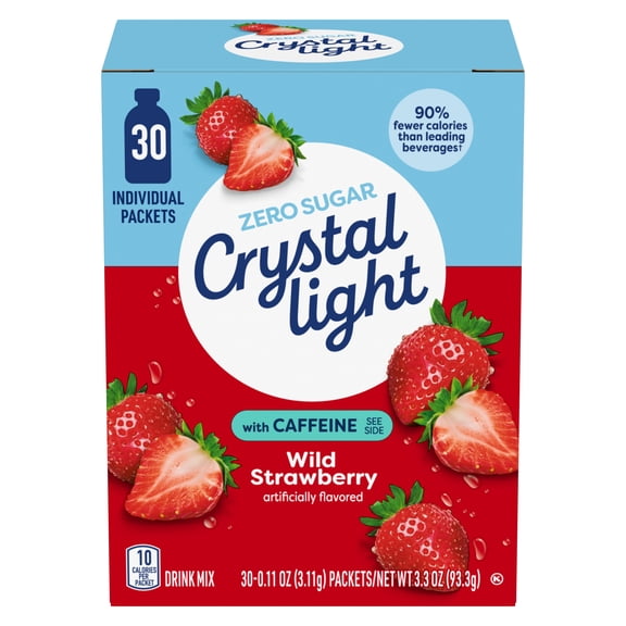 Crystal Light Drink Mix with Caffeine, 30 Packets, for Convenient On-the-Go Flavorful Hydration, Wild Strawberry Artificially Flavored Zero Sugar, 3.3 oz