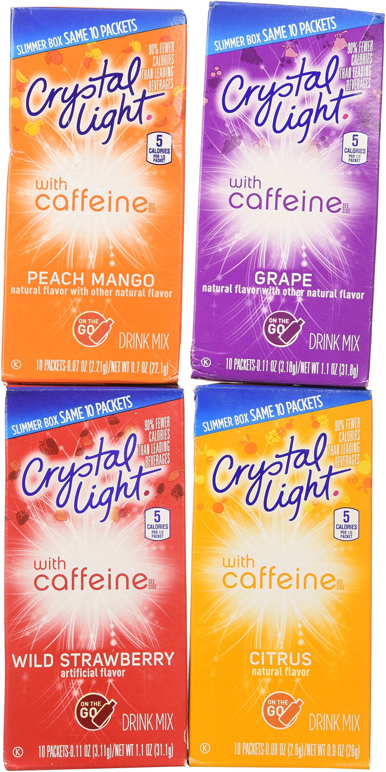Crystal Light With Caffeine Variety Pack, 1 Peach Mango, 1 Citrus, 1 Wild Strawberry, 1 Grape, 4 Ct.