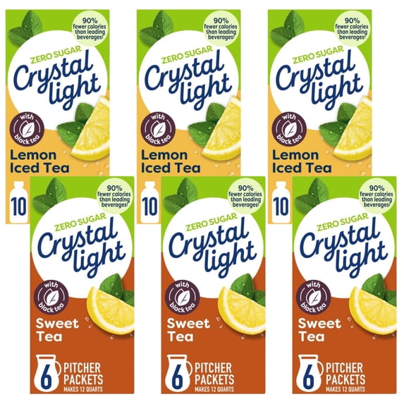 Crystal Light Zero Sugar Pitcher Packets Drink Mix Variety Pack, 3 Boxes of Decaf Lemon Iced Tea & 3 Boxes of Sweet Tea