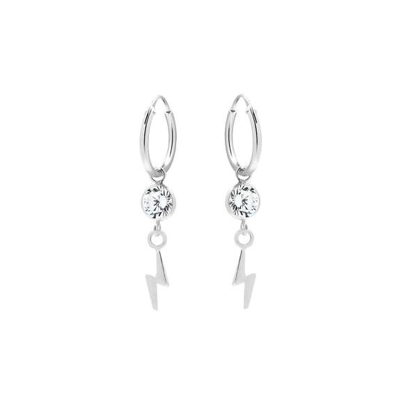 Crystal & Lightning Bolt Pendant 925 Sterling Silver Hoop Earrings