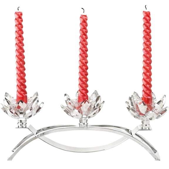 Crystal Lotus Candle Holders, Silver Table Centerpiece 11.4 in, 3-Head Lotus Candlestick with Glass Petals, Elegant Nickel-Plated Metal for Home Decor, Wedding, Dining