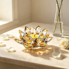 Crystal Lotus Candlestick Glass Ghee Lamp Stand Elegant Home Decor,Yellow