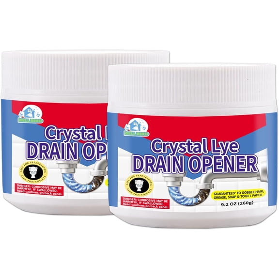 Crystal Lye Drain Opener, Lye Sodium Hydroxide, Unclogs Bathroom Kitchen Sinks, Shower Pipes & Toilets, Sink Drain Cleaner, Clog Remover for Clogged Drains Bathtub Pipes (2PCS)